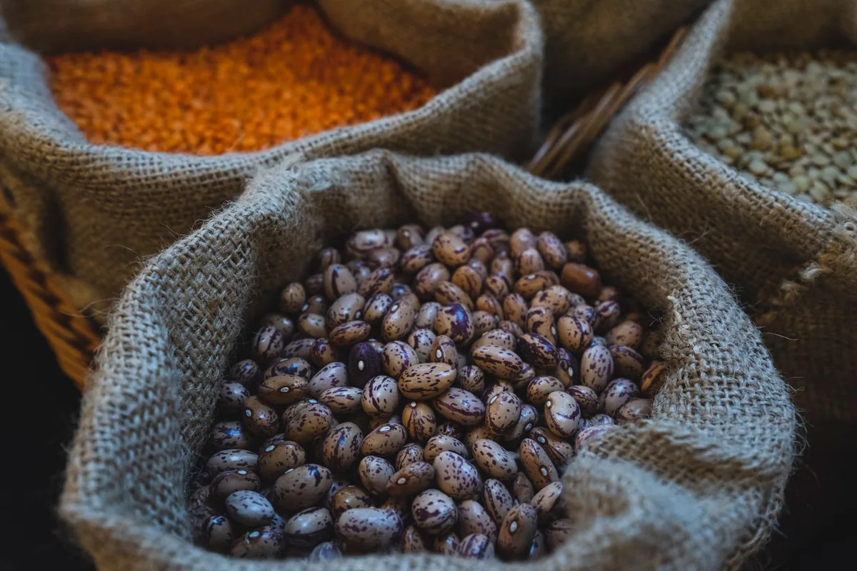 Cesta de compra con verduras, cereales y legumbres
